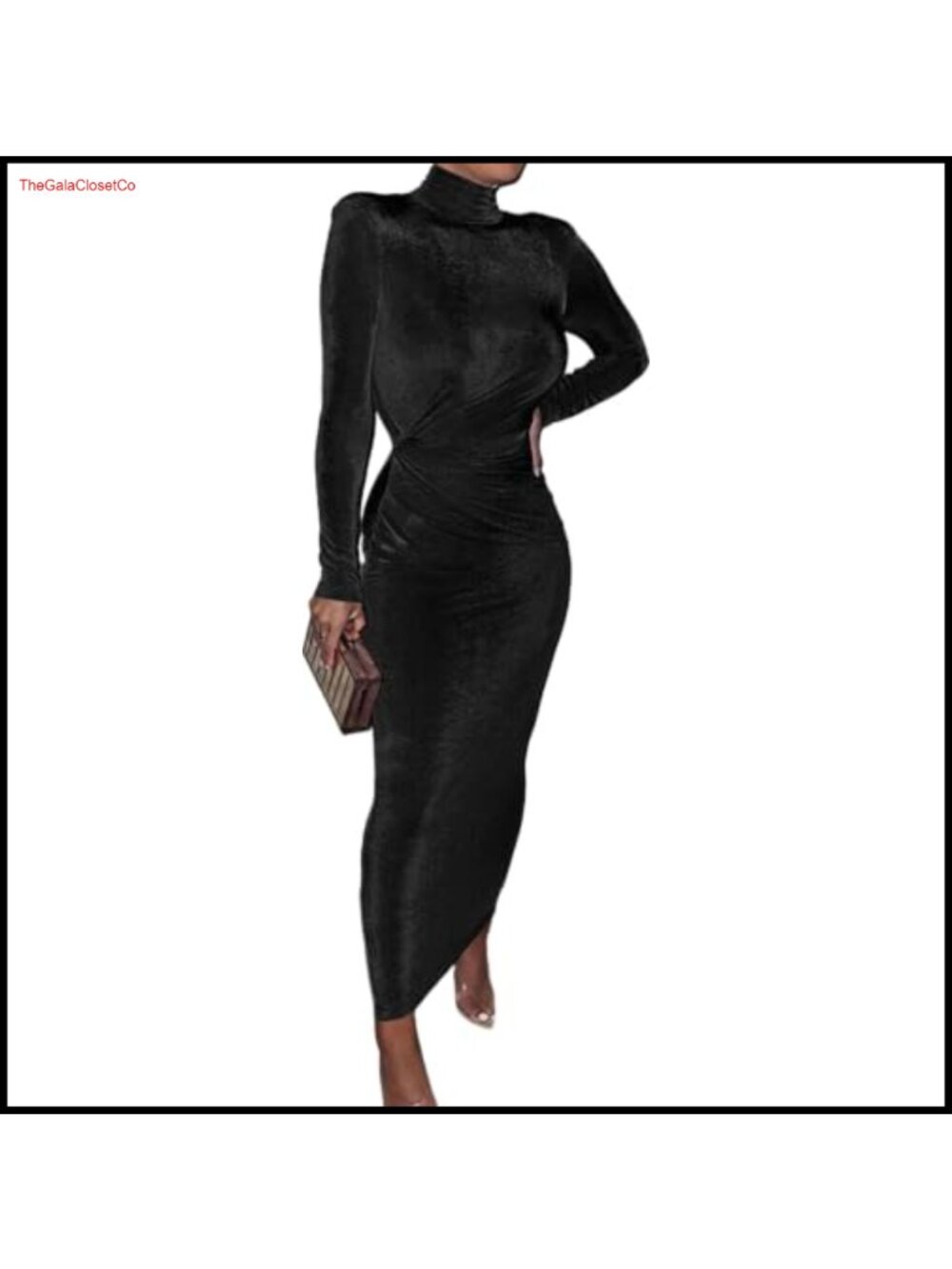 Shimmer Velvet Maxi Dress Turtleneck Long Sleeve Bodycon Ruched Waist Shoulder